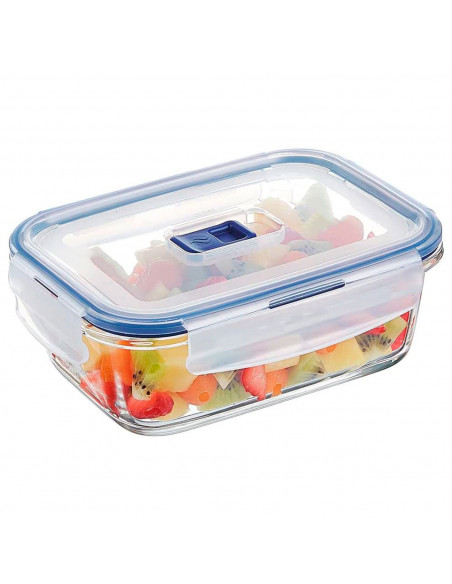 Tradineur - Fiambrera hermética de vidrio, tapa de plástico con abertura, recipiente para alimentos, apta para microondas y lava