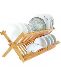 Tradineur - Escurreplatos plegable de bambú, escurridor, soporte, organizador de vajilla, platos, vasos, organizador de cocina, 2