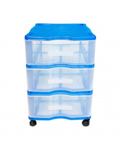 Cajonera azul wagon 3 cajones con ruedas 51.5 x 36.5 x 38 cm.  Contenedor de plástico para folios especial para oficina u hogar.