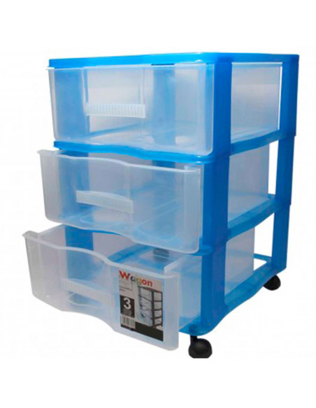 Cajonera azul wagon 3 cajones con ruedas 51.5 x 36.5 x 38 cm.  Contenedor de plástico para folios especial para oficina u hogar.