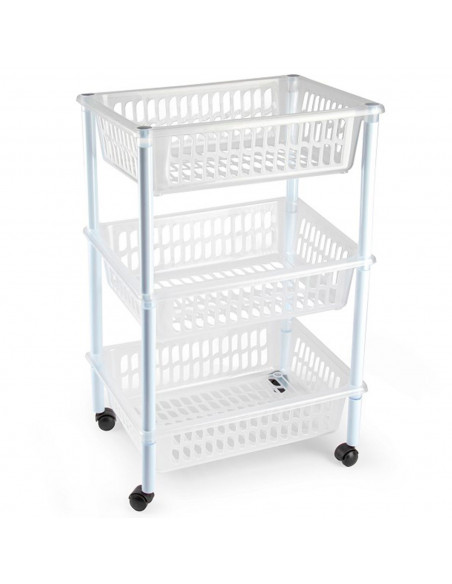 Tradineur - Carrito verdulero de plástico con 3 niveles y ruedas, cestas apilables portaobjetos, frutas, verduras, cocina, baño