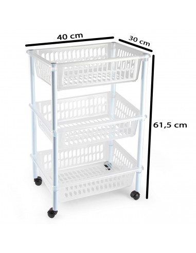 Tradineur - Carrito verdulero de plástico con 3 niveles y ruedas, cestas apilables portaobjetos, frutas, verduras, cocina, baño