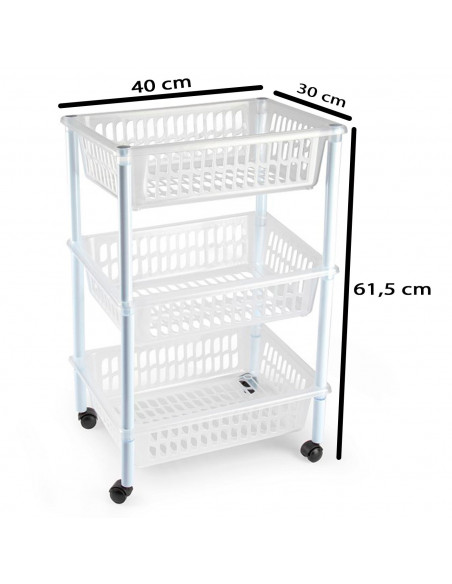 Tradineur - Carrito verdulero de plástico con 3 niveles y ruedas, cestas apilables portaobjetos, frutas, verduras, cocina, baño