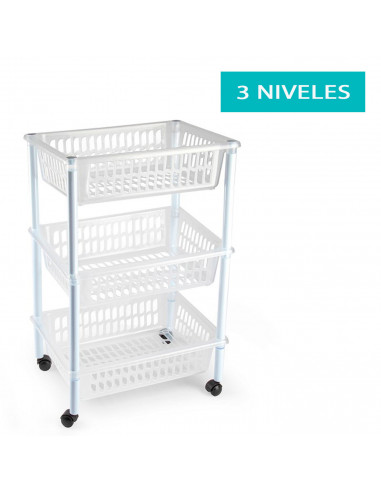 Tradineur - Carrito verdulero de plástico con 3 niveles y ruedas, cestas apilables portaobjetos, frutas, verduras, cocina, baño