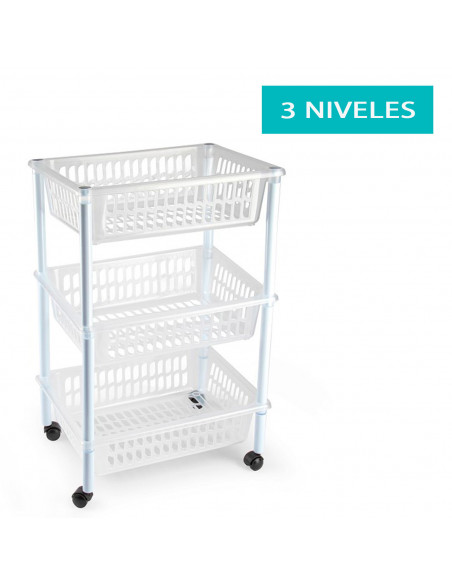 Tradineur - Carrito verdulero de plástico con 3 niveles y ruedas, cestas apilables portaobjetos, frutas, verduras, cocina, baño