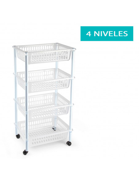 Tradineur - Carrito verdulero modelo PLFT de plástico con 4 niveles y ruedas, cestas apilables portaobjetos, frutas, verduras, c