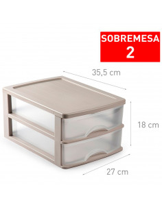 Tradineur - Cajonera de sobremesa con 2 cajones transparentes, plástico, torre de almacenaje multiusos, ordenación, hogar (Marró 2