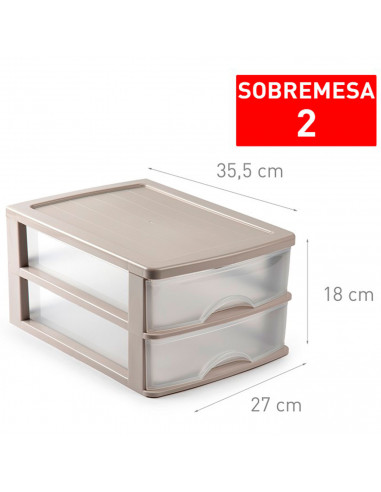 Tradineur - Cajonera de sobremesa con 2 cajones transparentes, plástico, torre de almacenaje multiusos, ordenación, hogar (Marró