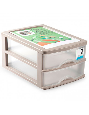 Tradineur - Cajonera de sobremesa con 2 cajones transparentes, plástico, torre de almacenaje multiusos, ordenación, hogar (Marró