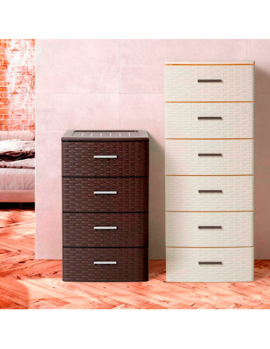 Tradineur - Cajonera de ordenación Rattan de plástico - 4 cajones - Torre de almacenaje multiusos, organizador auxiliar, almacen