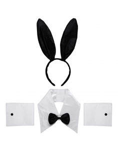 Tradineur - Set 3 piezas de disfraz de conejita - Color blanco y negro, complemento para carnaval, halloween y celebraciones. -