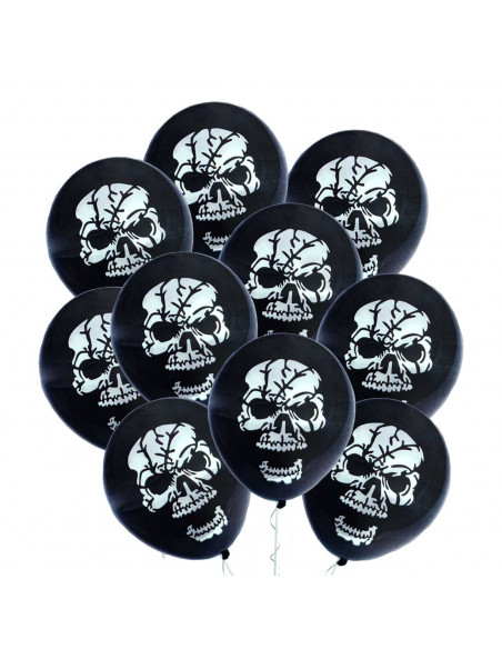 Tradineur - Pack de 10 globos - Diseño Calaveras - 30 cm al inflar - Ideal como decoración de tu hogar y celebrar de halloween.