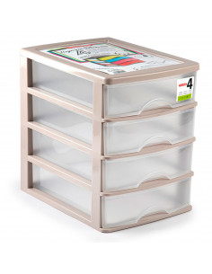 Tradineur - Cajonera de sobremesa 4 cajones transparentes estructura marrón 35,5 x 27 x 35 cm
