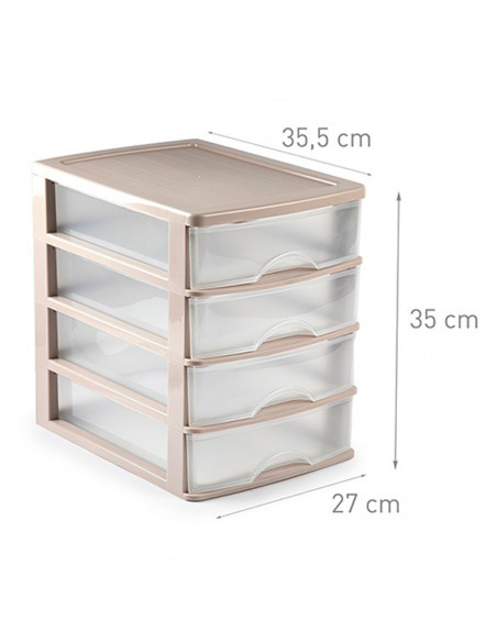 Tradineur - Cajonera de sobremesa 4 cajones transparentes estructura marrón 35,5 x 27 x 35 cm