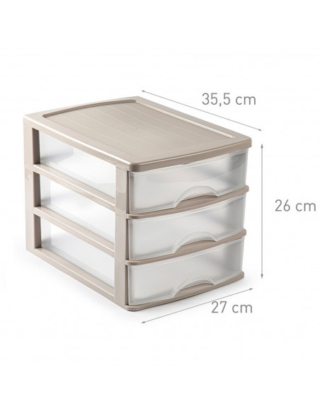 Tradineur - Cajonera de sobremesa 35,5 x 27 x 26 cm 3 cajones transparentes estructura marrón