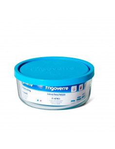 Tradineur - Fiambrera de cristal redonda, con tapa de plástico de 15 cm de diámetro y 6 cm de alto, con tapa azul. Recipiente pa