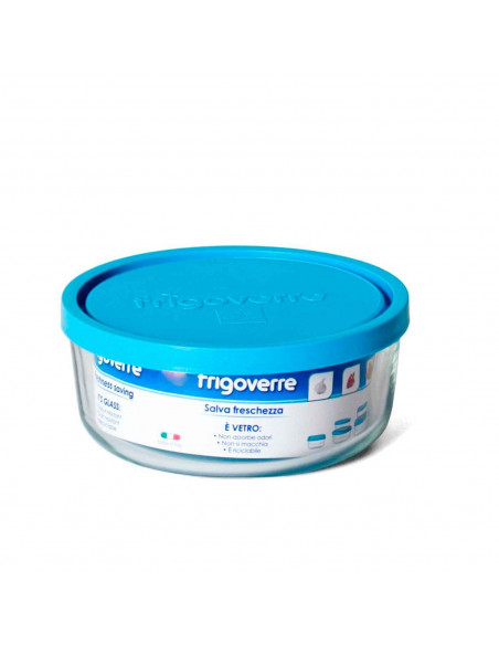 Tradineur - Fiambrera de cristal redonda, con tapa de plástico de 15 cm de diámetro y 6 cm de alto, con tapa azul. Recipiente pa