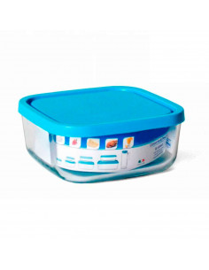 Tradineur - Fiambrera cuadrada de cristal con tapa de plástico, contenedor para alimentos de vidrio, 34 cl, 15 x 15 x 7 cm