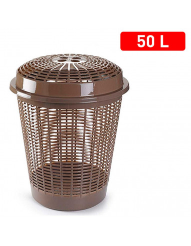 Tradineur - Cesto redondo para ropa sucia con tapa, pongotodo, cubo para almacenar la colada, diseño a rayas, hogar (Marrón, 50