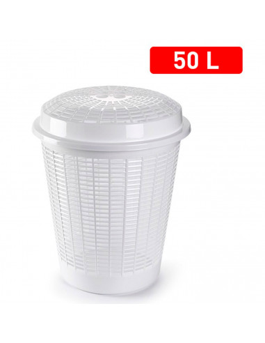 Tradineur - Cesto para ropa sucia redondo con tapa, pongotodo, cubo para almacenar la colada, diseño a rayas, hogar (Blanco, 50