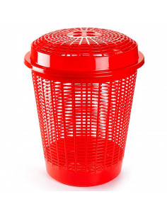 Tradineur - Cesto redondo para ropa sucia, pongotodo con tapa, cubo para almacenar la colada, diseño a rayas, hogar (Rojo, 50 li