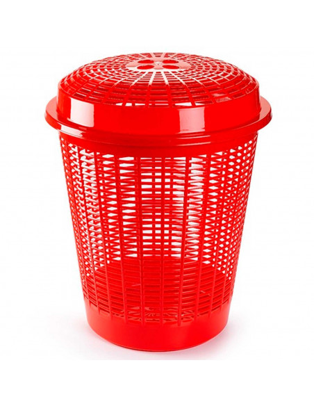 Tradineur - Cesto redondo para ropa sucia, pongotodo con tapa, cubo para almacenar la colada, diseño a rayas, hogar (Rojo, 50 li