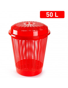 Tradineur - Cesto redondo para ropa sucia, pongotodo con tapa, cubo para almacenar la colada, diseño a rayas, hogar (Rojo, 50 li 2