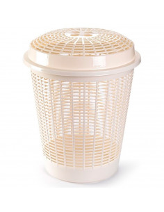 Tradineur - Cesto, pongotodo redondo para ropa sucia con tapa, cubo para almacenar la colada, diseño a rayas, hogar (Beige, 50 l