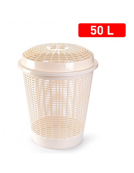 Tradineur - Cesto, pongotodo redondo para ropa sucia con tapa, cubo para almacenar la colada, diseño a rayas, hogar (Beige, 50 l