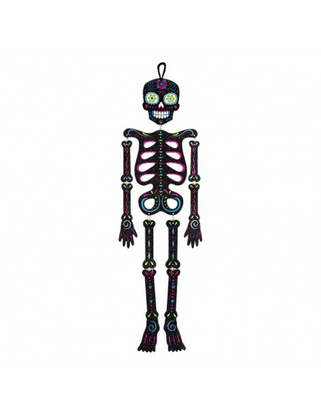 Tradineur - Esqueleto colgante con diseño mexicano para Halloween - Fabricado en plástico - Adorno para decoración - Longitud 66