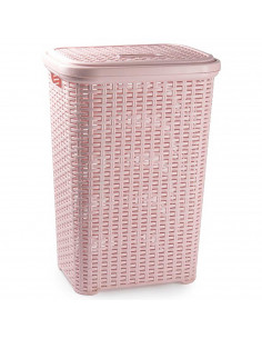 Tradineur - Cesto para ropa sucia con tapa y asas, pongotodo rattan de plástico, cubo para colada, imitación mimbre, hogar (Rosa