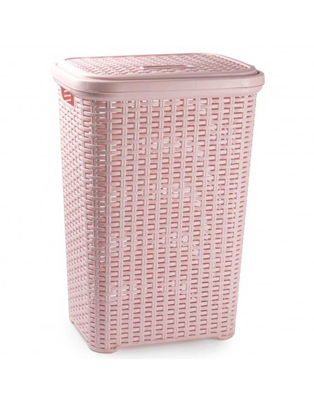 Tradineur - Cesto para ropa sucia con tapa y asas, pongotodo rattan de plástico, cubo para colada, imitación mimbre, hogar (Rosa
