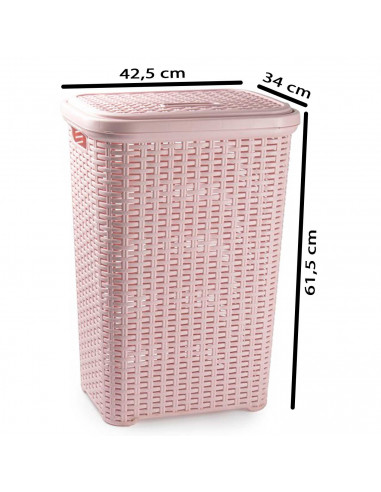Tradineur - Cesto para ropa sucia con tapa y asas, pongotodo rattan de plástico, cubo para colada, imitación mimbre, hogar (Rosa