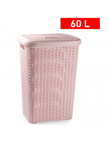 Tradineur - Cesto para ropa sucia con tapa y asas, pongotodo rattan de plástico, cubo para colada, imitación mimbre, hogar (Rosa