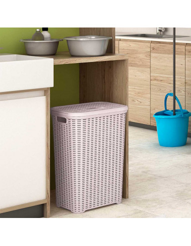 Tradineur - Cesto para ropa sucia con tapa y asas, pongotodo rattan de plástico, cubo para colada, imitación mimbre, hogar (Rosa