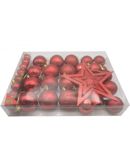 Tradineur - Set de 42 bolas de navidad de color rojo con tamaños y diseños surtidos y 1 estrella en rojo, ideal para completar e