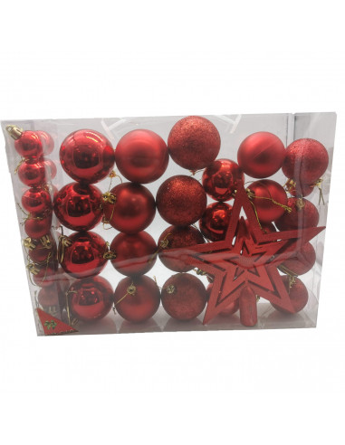 Tradineur - Set de 42 bolas de navidad de color rojo con tamaños y diseños surtidos y 1 estrella en rojo, ideal para completar e