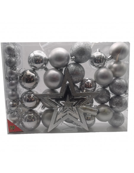 Tradineur - Set de 42 bolas de navidad de color plata con tamaños y diseños surtidos y 1 estrella en plata, ideal para completar