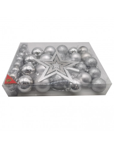 Tradineur - Set de 42 bolas de navidad de color plata con tamaños y diseños surtidos y 1 estrella en plata, ideal para completar