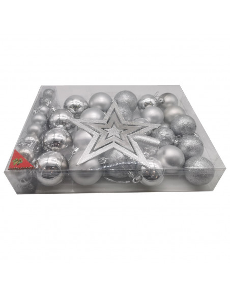 Tradineur - Set de 42 bolas de navidad de color plata con tamaños y diseños surtidos y 1 estrella en plata, ideal para completar