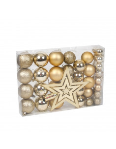 Tradineur - Set de 42 bolas de navidad de color dorado con tamaños y diseños surtidos y 1 estrella en dorado, ideal para complet