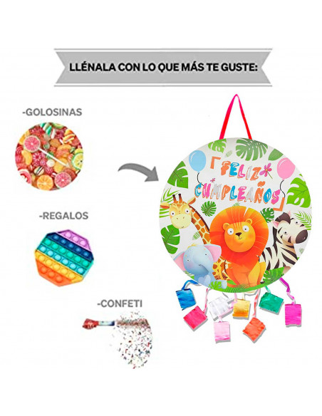 Tradineur - Piñata redonda de feliz cumpleaños con animales, cartón, rellenar con golosinas, chuches, decoración infantil para f