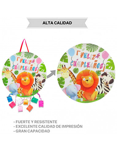 Tradineur - Piñata redonda de feliz cumpleaños con animales, cartón, rellenar con golosinas, chuches, decoración infantil para f