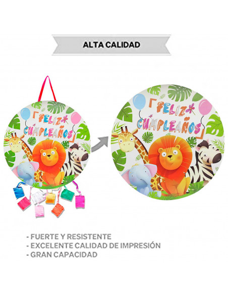 Tradineur - Piñata redonda de feliz cumpleaños con animales, cartón, rellenar con golosinas, chuches, decoración infantil para f