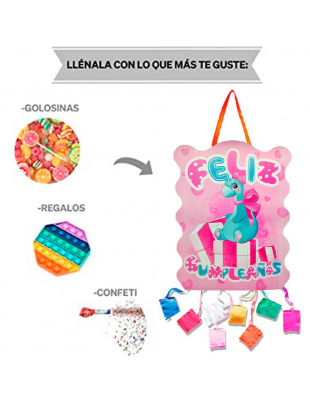 Tradineur - Piñata de dinosaurio rosa, feliz cumpleaños, cartón, rellenar con golosinas, chuches, decoración infantil para fiest