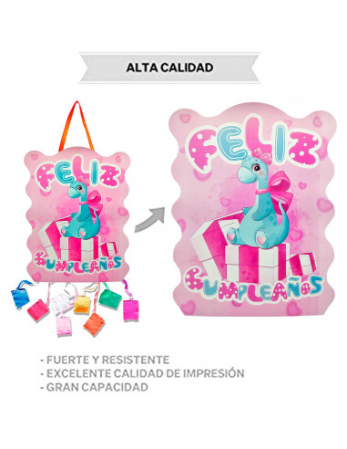 Tradineur - Piñata de dinosaurio rosa, feliz cumpleaños, cartón, rellenar con golosinas, chuches, decoración infantil para fiest
