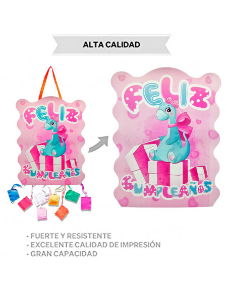 Tradineur - Piñata de dinosaurio rosa, feliz cumpleaños, cartón, rellenar con golosinas, chuches, decoración infantil para fiest