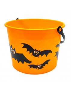 Tradineur - Cubo con decoración de murciélago para Halloween - Fabricado en plástico - Adorno para decoración - 15 x 20 cm - Col