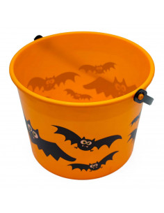 Tradineur - Cubo con decoración de murciélago para Halloween - Fabricado en plástico - Adorno para decoración - 15 x 20 cm - Col 2