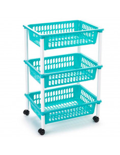 Tradineur - Carrito verdulero modelo PLFT de plástico con 3 cestas y ruedas, portaobjetos, organizador de frutas, verduras (Turq
